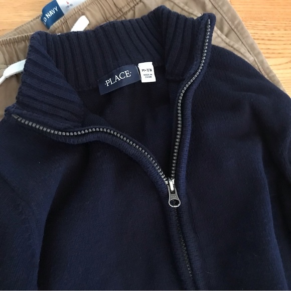 Dress outfit full zip navy blue sweater khaki pants boys size M 7/8 L 10/12 10 - Picture 7 of 8